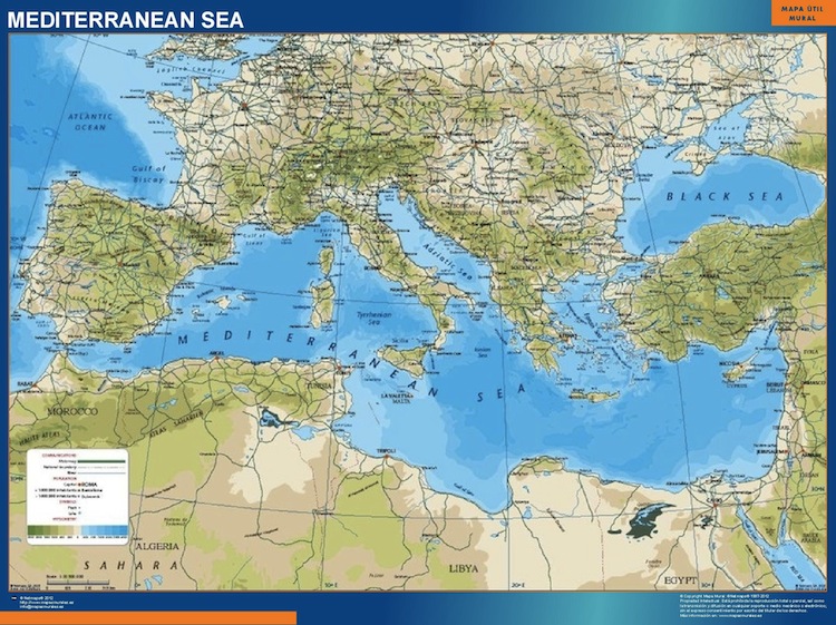 mediterranean sea countries wall map